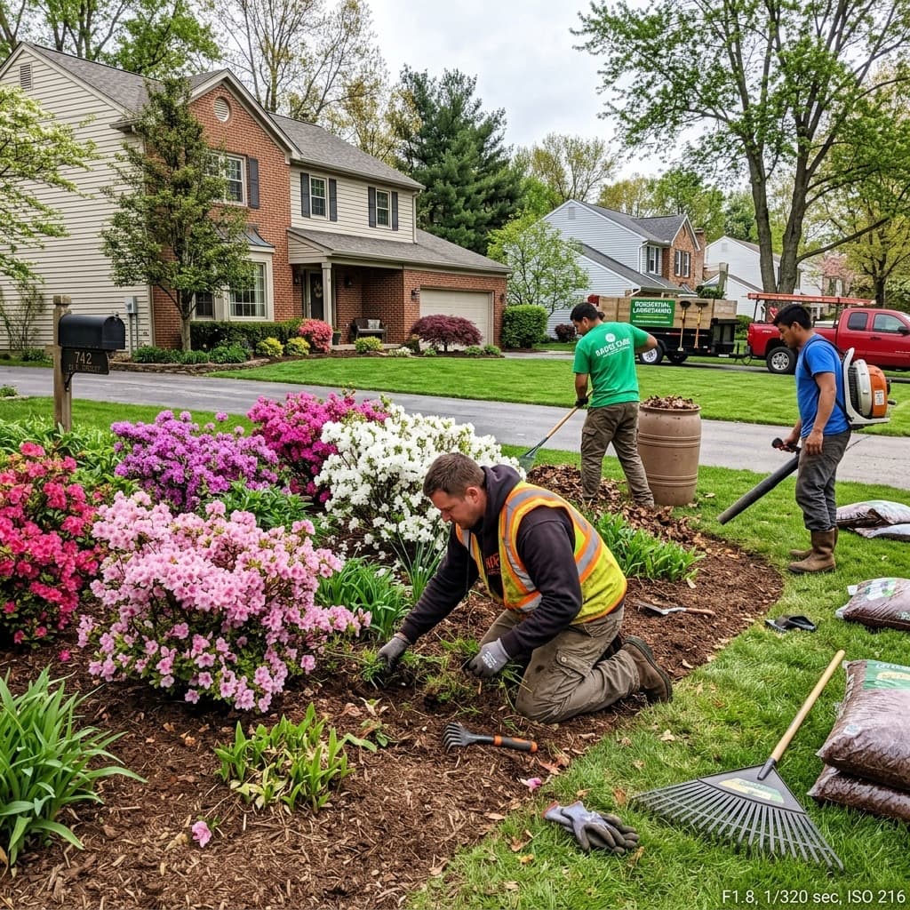 Crew performing spring landscape cleanup around blooming pink azaleas beside a brick walkway