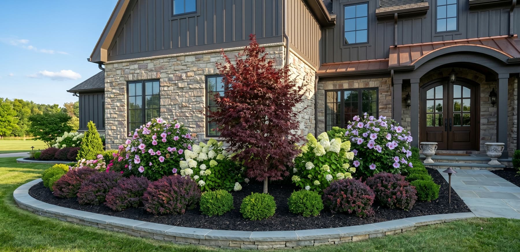 Example sunny foundation planting with ornamental tree, hydrangeas, and dark mulch