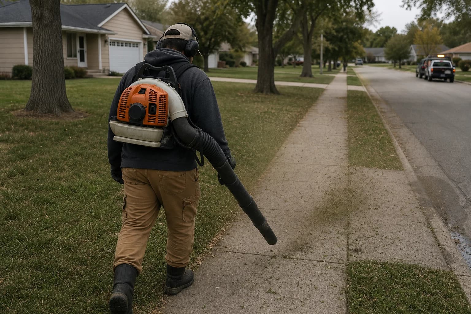 Crew member blowing debris off a residential sidewalk after lawn service