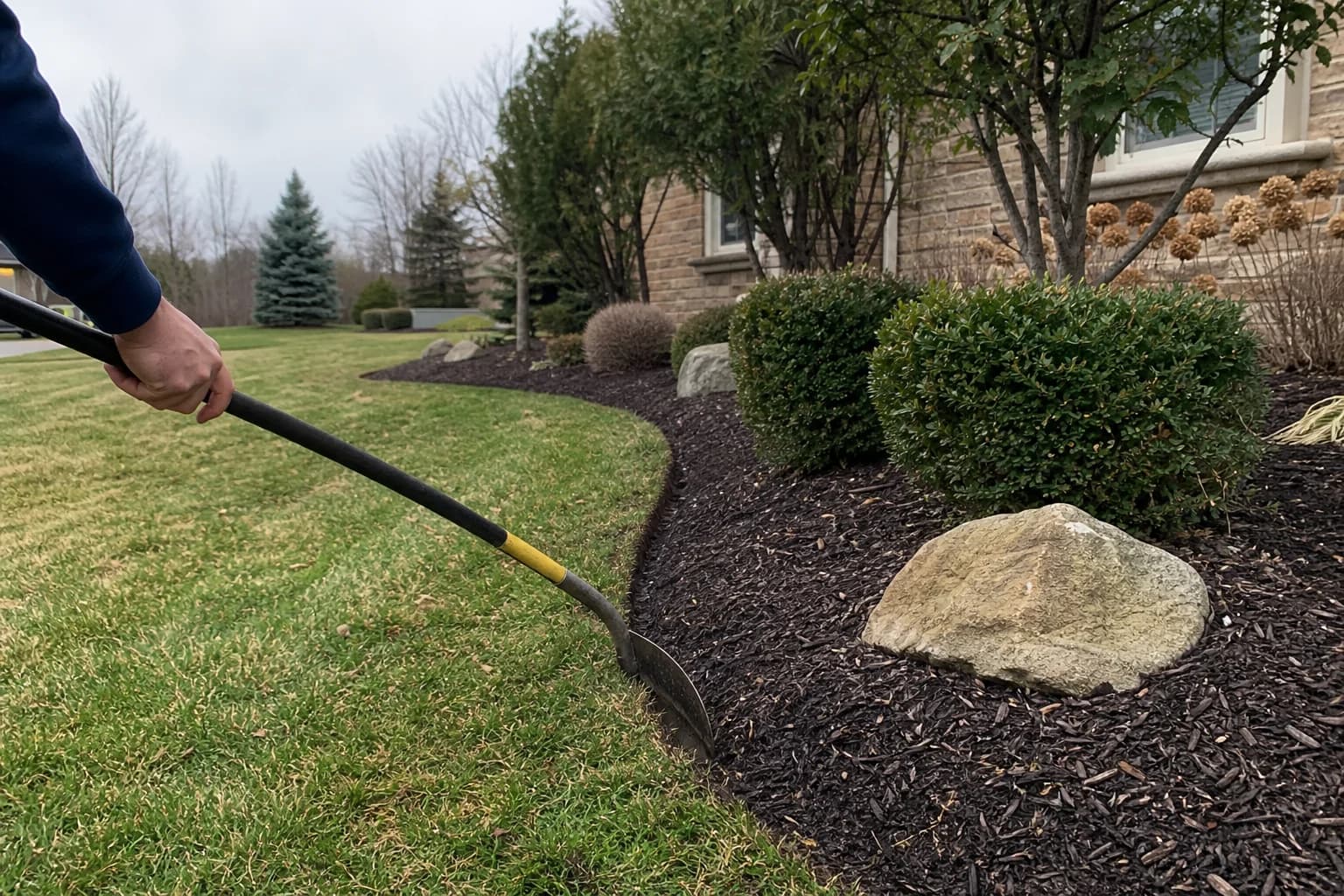 Crew member maintaining lawn edges beside residential landscape beds