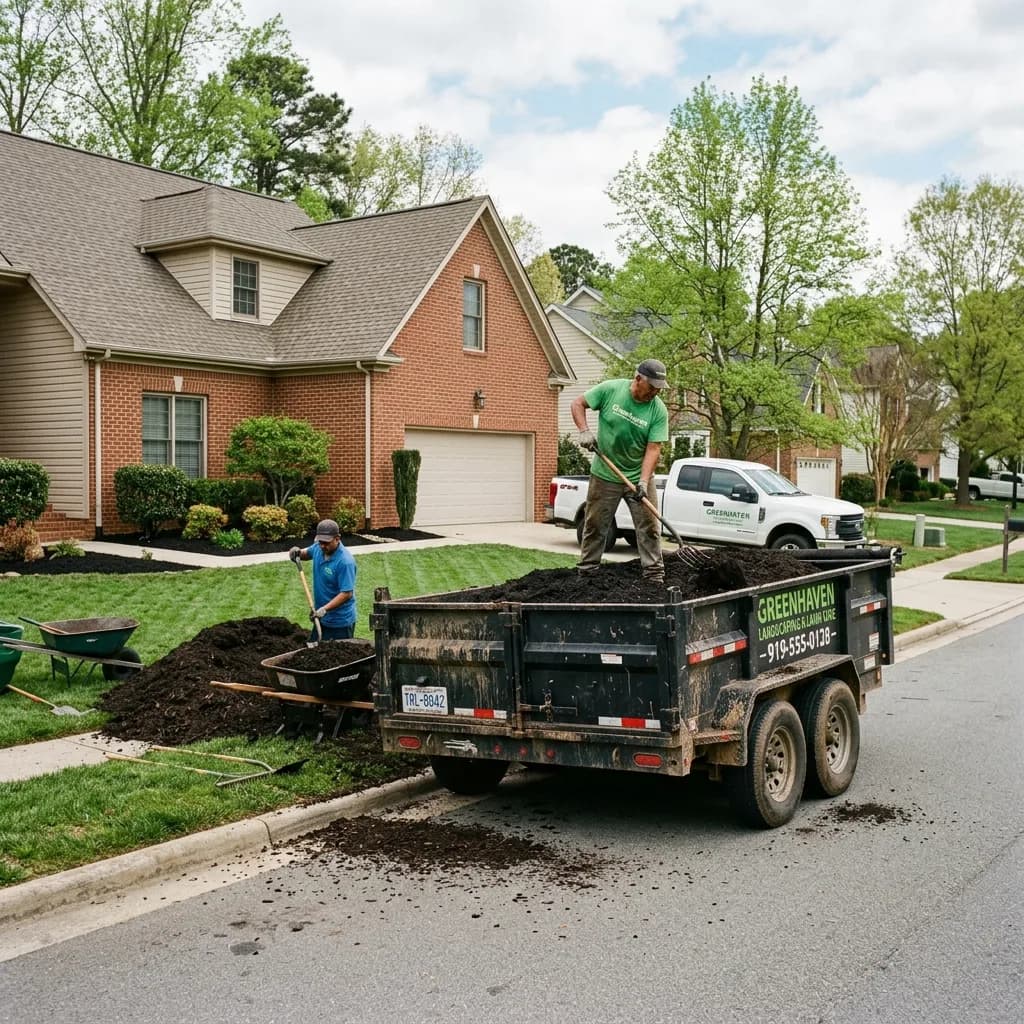 Landscaping crew dump trailer during a mulch installation at a Lexington home