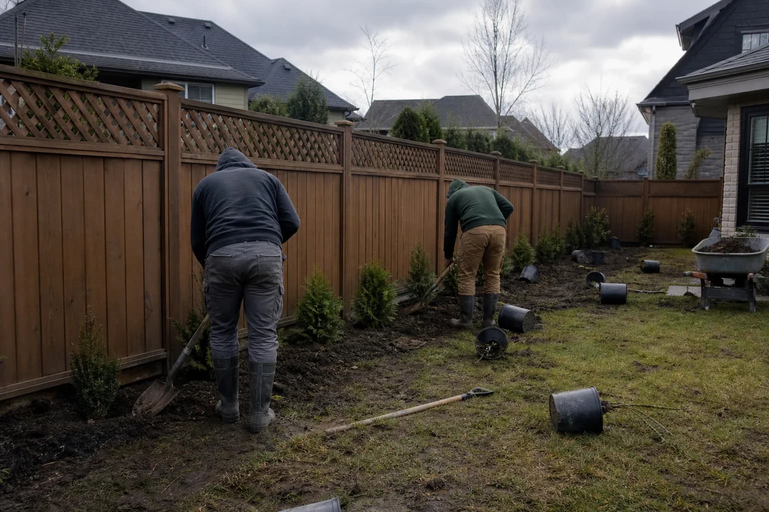 Two-person landscaping crew actively planting arborvitae trees along a wooden residential fence