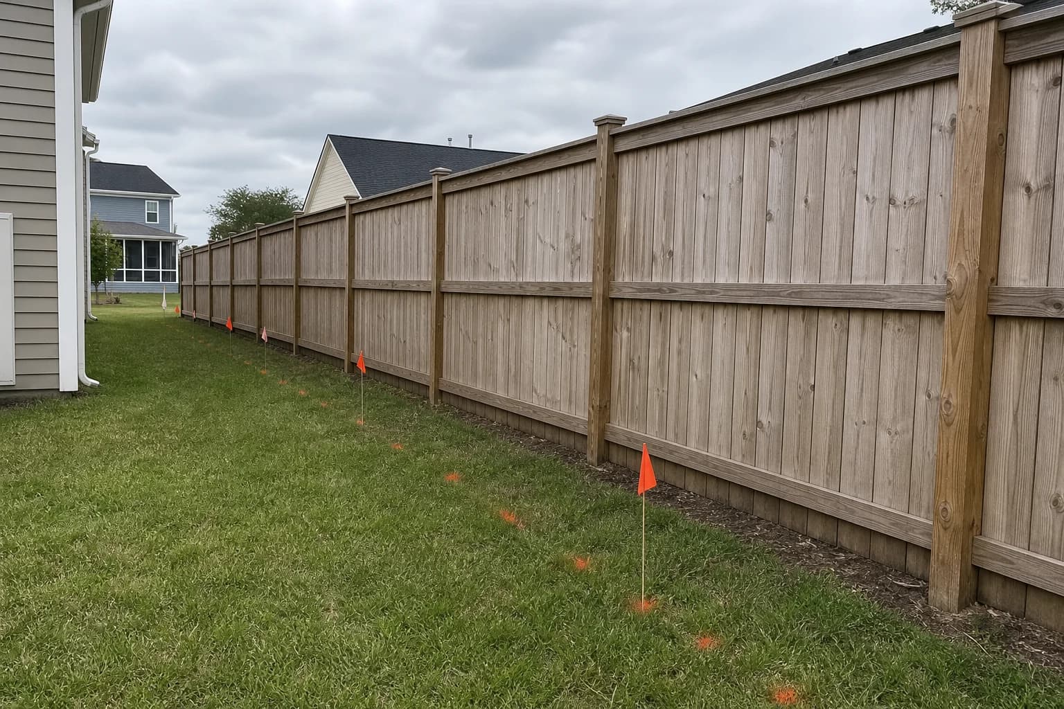 Landscaping crew marking a straight line for a new privacy screen with spray paint