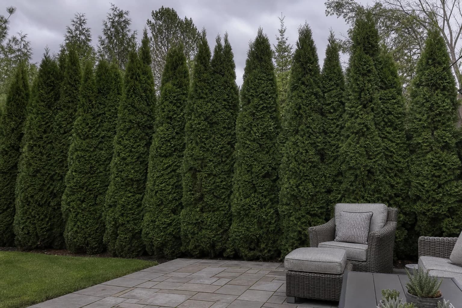 Dense row of mature Emerald Green arborvitae providing full backyard privacy