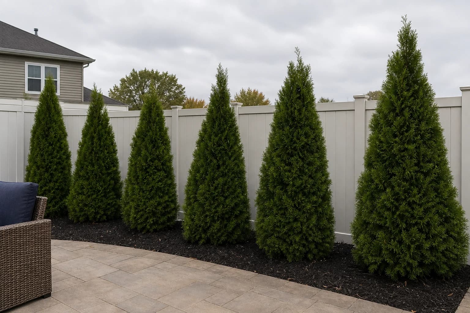 Properly spaced mature Emerald Green arborvitae row along a residential backyard fence