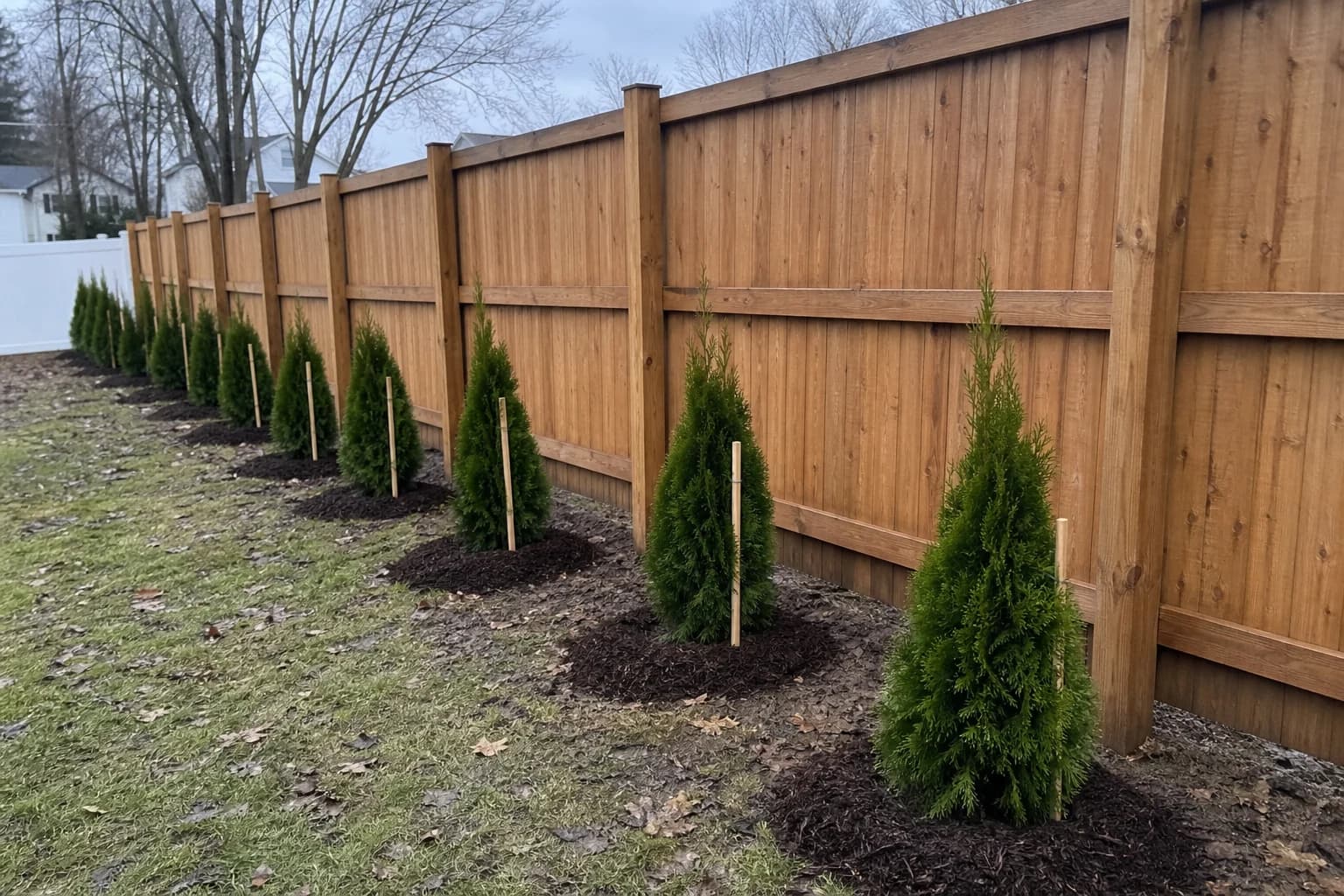 Freshly installed row of young arborvitae with wooden stakes and mulch rings along a fence