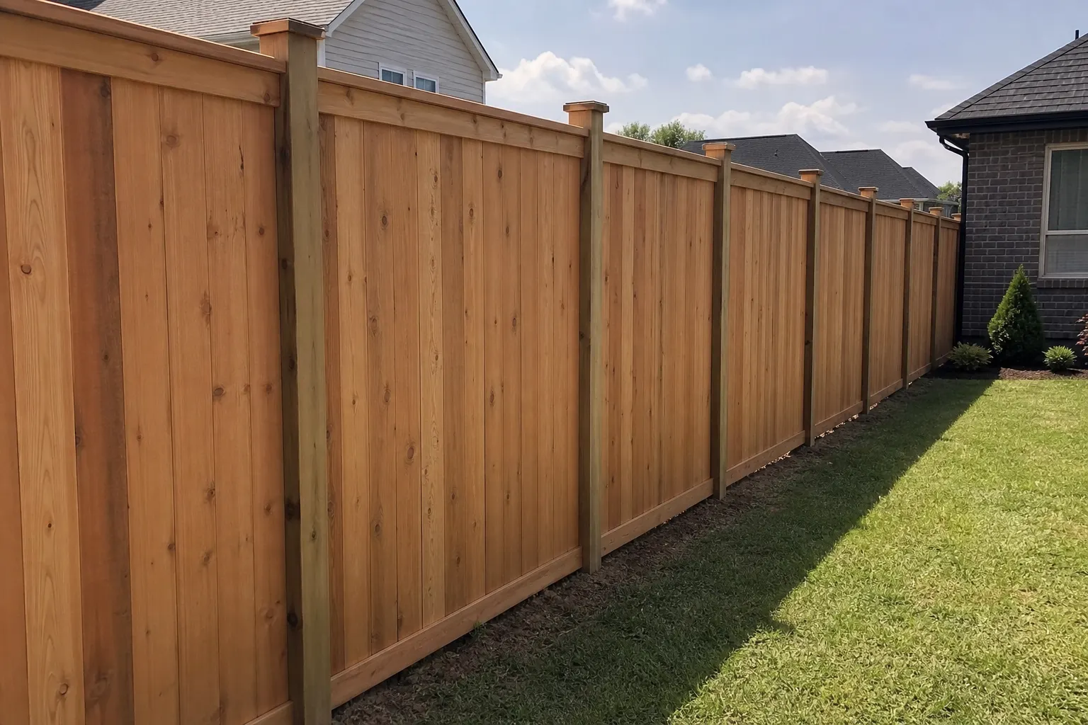 New wood privacy fence with visible posts along a backyard property line